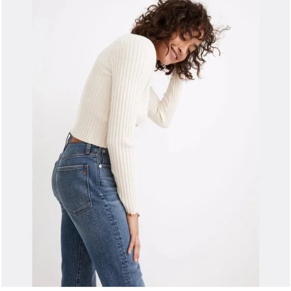 Madewell Brenville Crop Cardigan Wool Blend Sweater in Antique Cream Ribbed XS - Picture 2 of 11